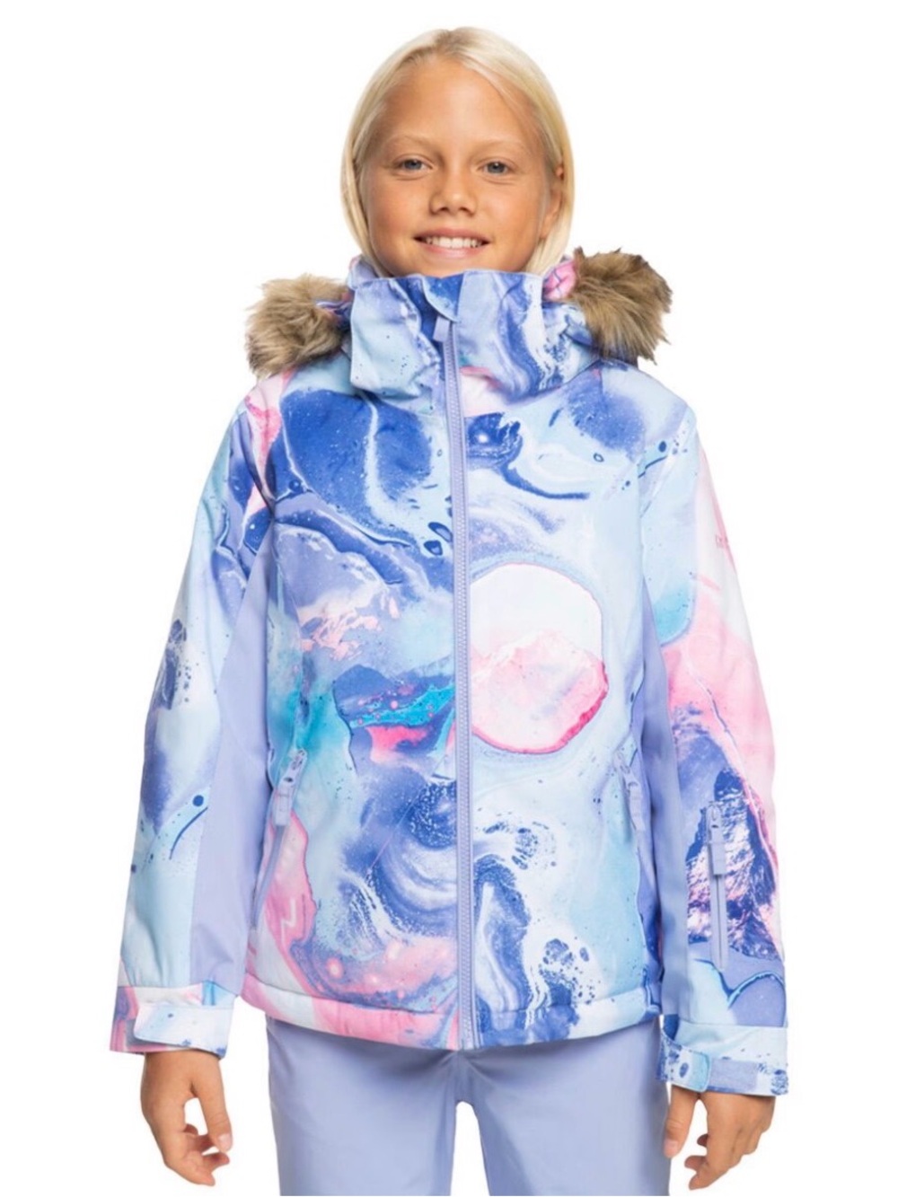 Girls' Colorful Marble Print Winter Jacket - Pastel Blue & Pink